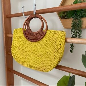 Yellow Woven Straw Bag with Wood Handle by The SAK